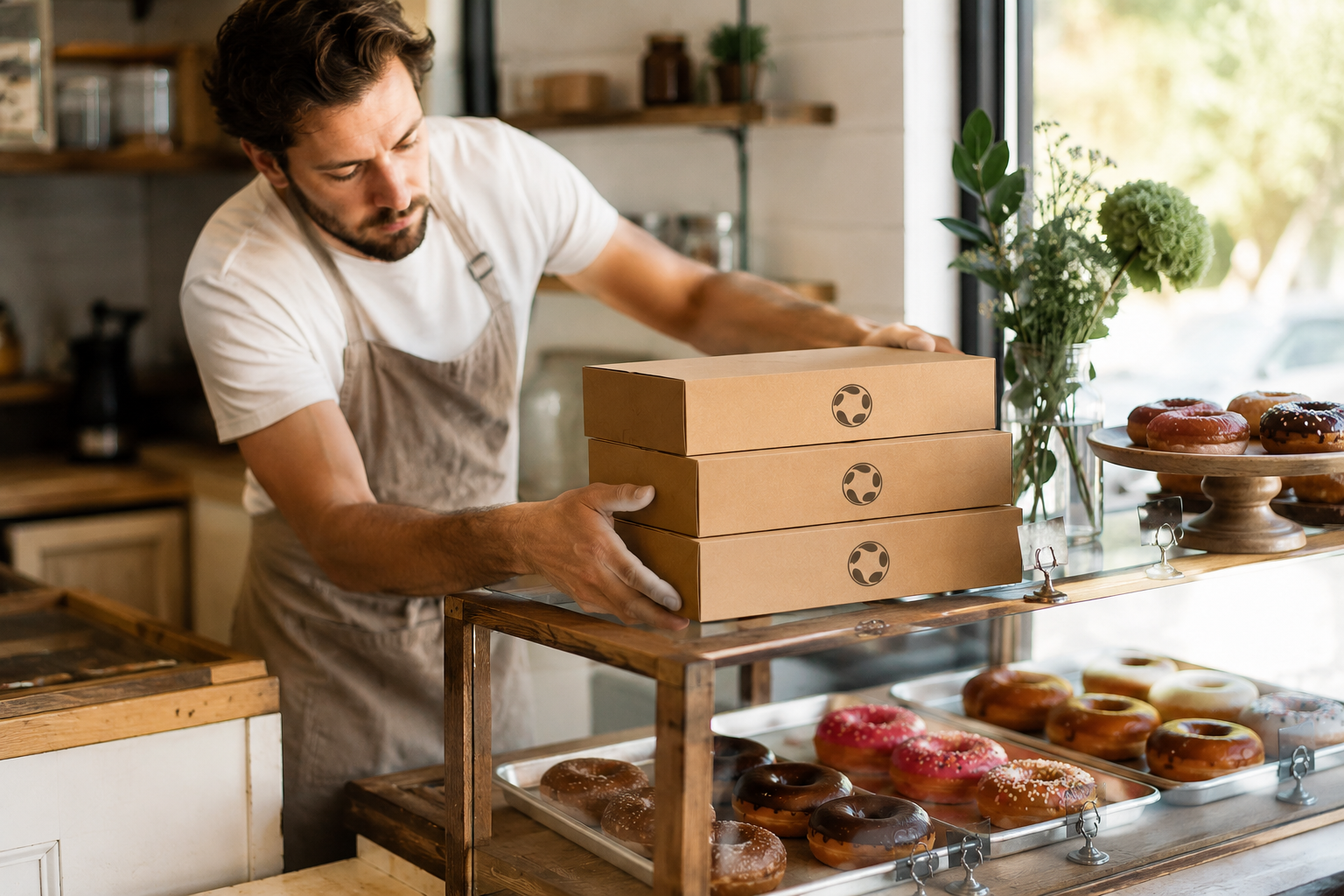 Custom printed donut boxes stacked on a bakery counter