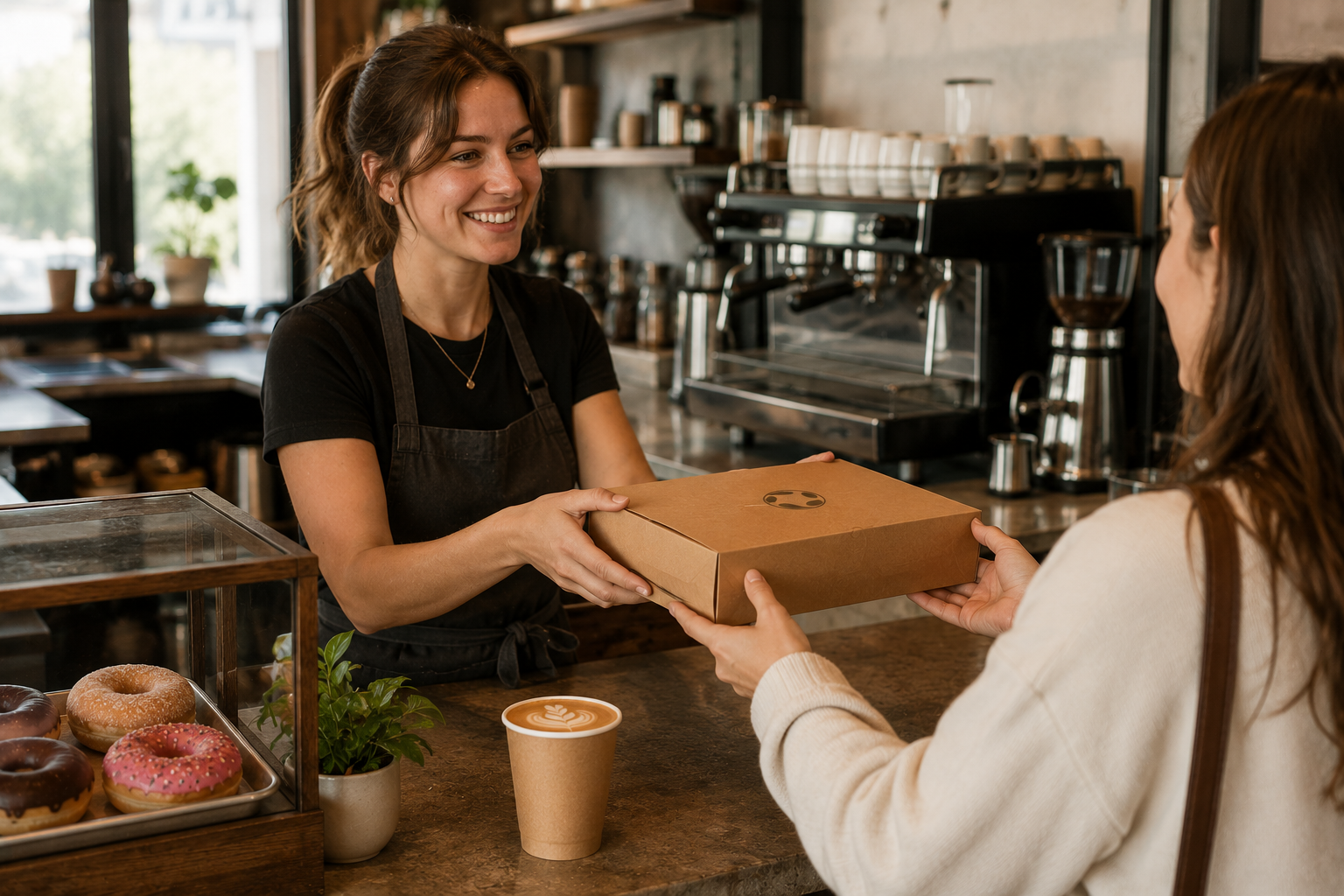 Branded pastry box next to coffee at a cafe counter